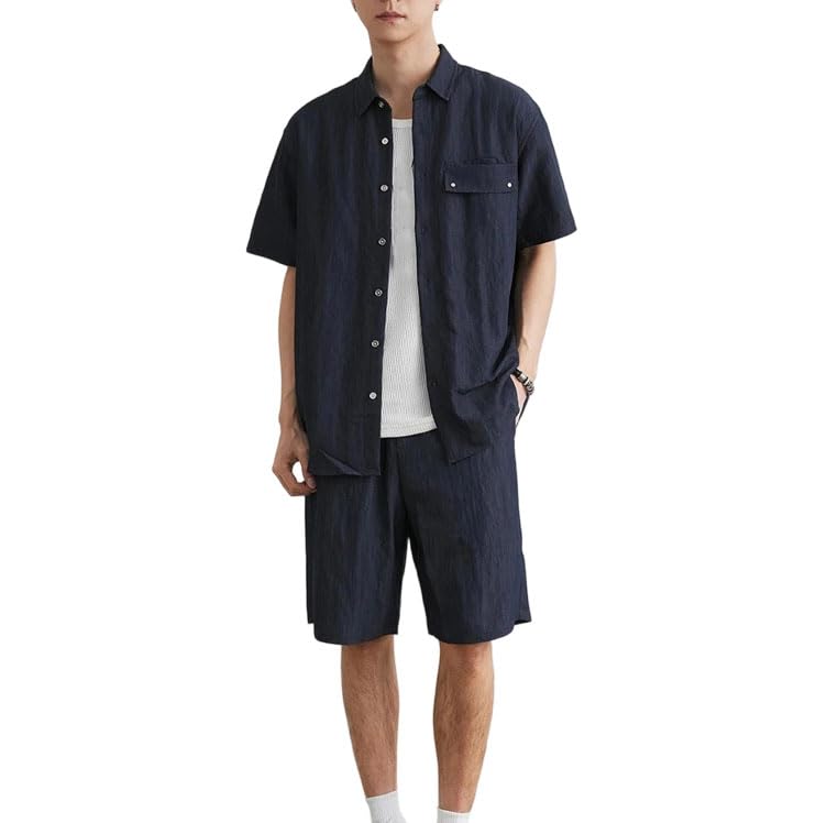 Men Short Sleeve Shirt Shorts Set Summer Loose Breathable Casual Two Piece Outfit