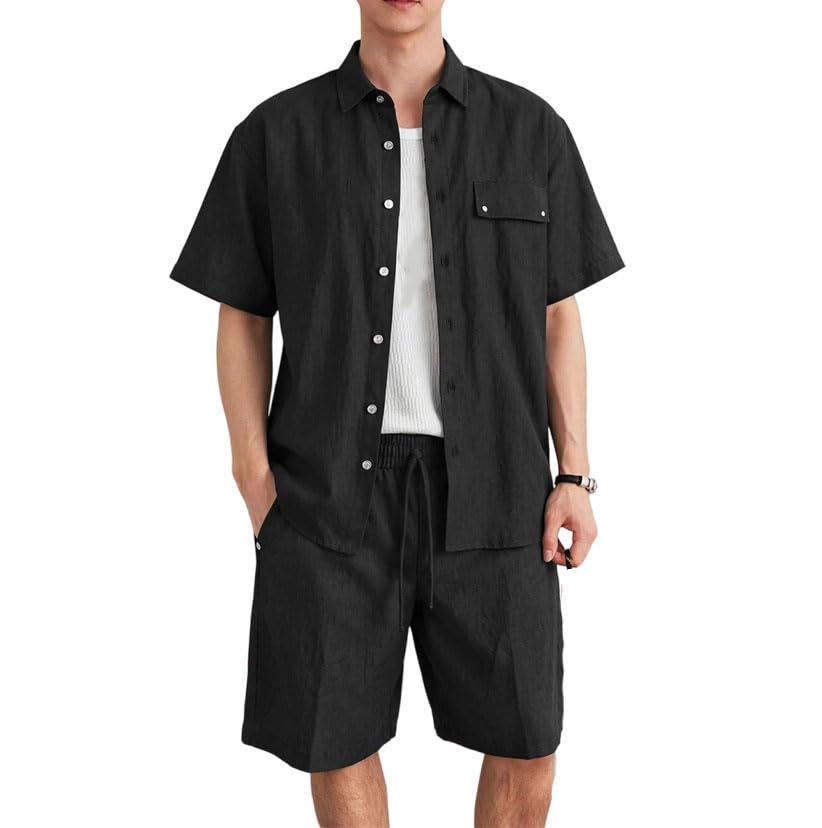 Men Short Sleeve Shirt Shorts Set Summer Loose Breathable Casual Two Piece Outfit