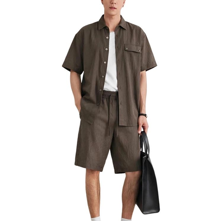 Men Short Sleeve Shirt Shorts Set Summer Loose Breathable Casual Two Piece Outfit
