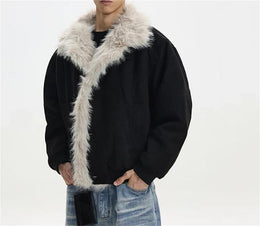Men's Vintage Fleece Lined Suede Jacket Turn Down Collar Long Sleeves Cotton Padded Coat