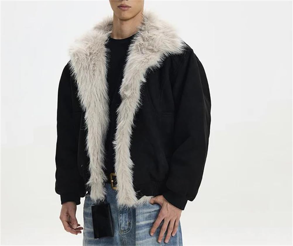 Men's Vintage Fleece Lined Suede Jacket Turn Down Collar Long Sleeves Cotton Padded Coat