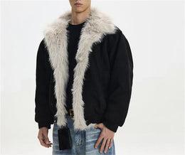 Men's Vintage Fleece Lined Suede Jacket Turn Down Collar Long Sleeves Cotton Padded Coat