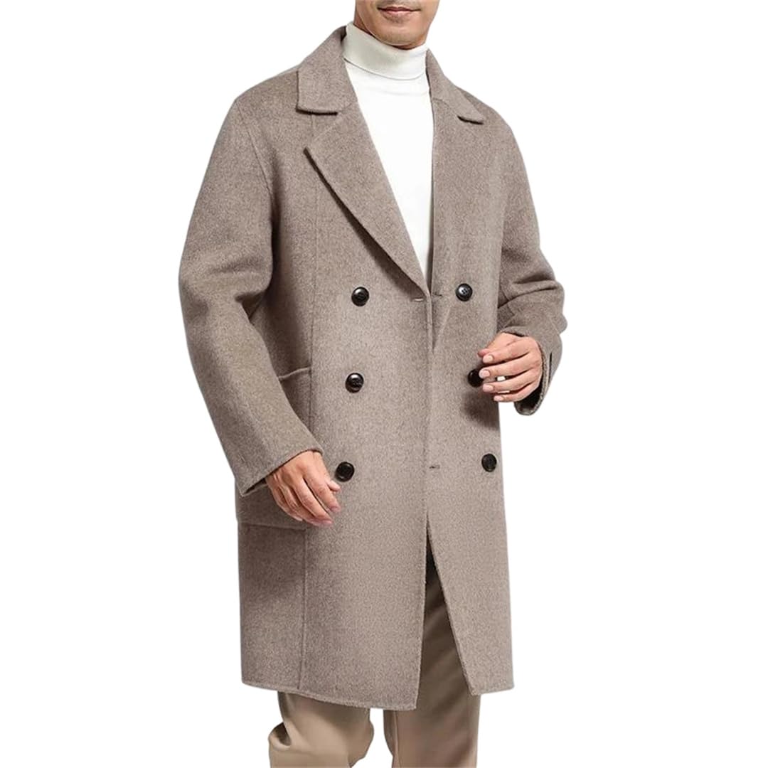 Men's Double-Breasted Wool Overcoat Notched Lapel Slim Fit Coat