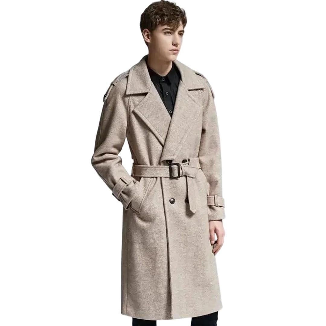 Men's Long Wool Trench Coat Winter Double Breasted Slim Fit Plus Size Overcoat