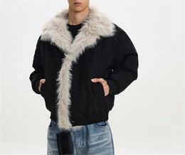 Men's Vintage Fleece Lined Suede Jacket Turn Down Collar Long Sleeves Cotton Padded Coat