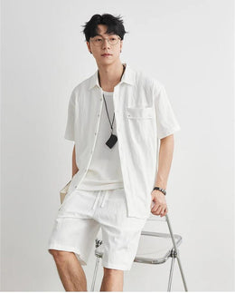 Men Short Sleeve Shirt Shorts Set Summer Loose Breathable Casual Two Piece Outfit