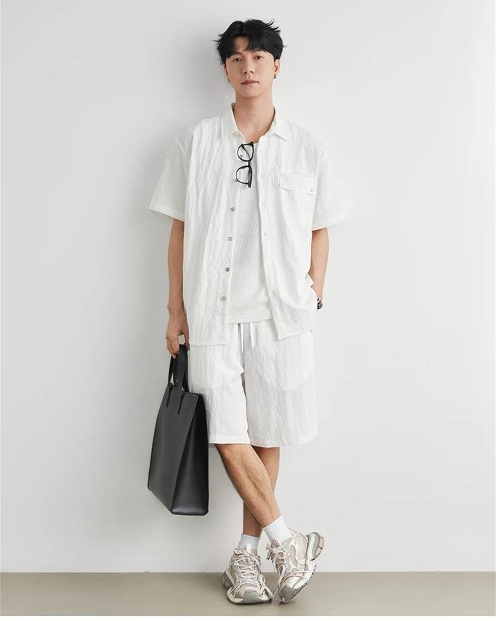 Men Short Sleeve Shirt Shorts Set Summer Loose Breathable Casual Two Piece Outfit