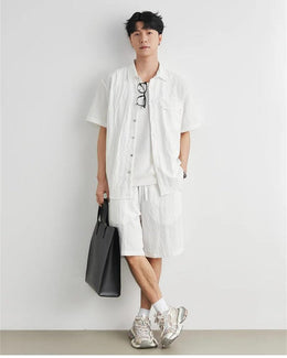 Men Short Sleeve Shirt Shorts Set Summer Loose Breathable Casual Two Piece Outfit