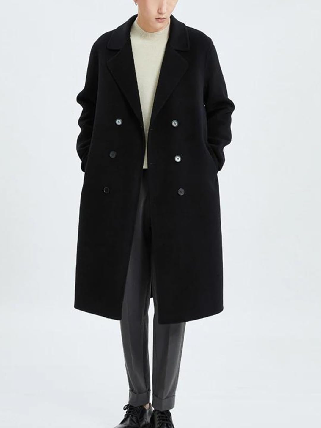 Men's Double-Breasted Wool Trench Coat Slim Fit Overcoat
