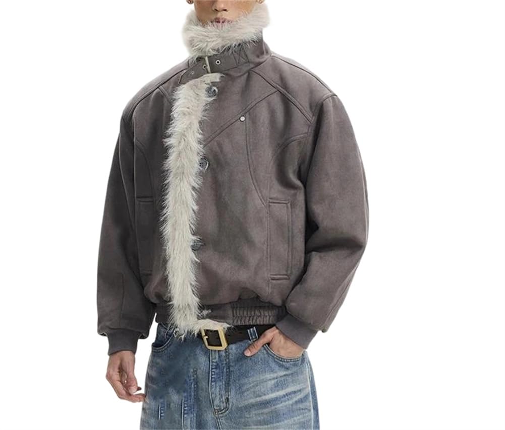 Men's Vintage Fleece Lined Suede Jacket Turn Down Collar Long Sleeves Cotton Padded Coat