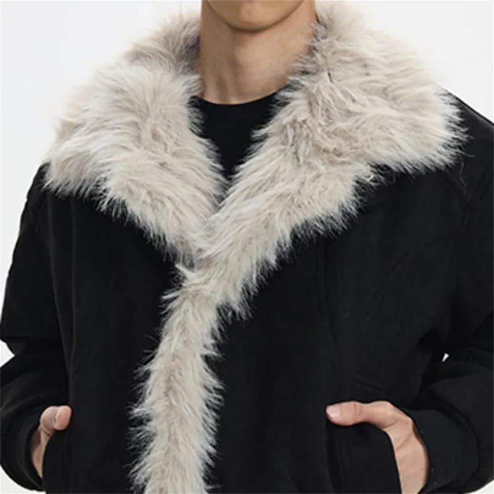 Men's Vintage Fleece Lined Suede Jacket Turn Down Collar Long Sleeves Cotton Padded Coat