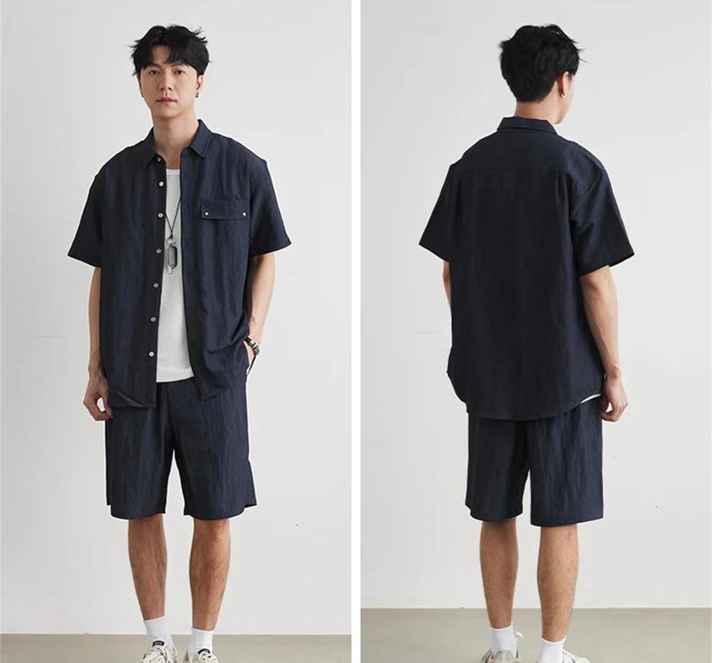 Men Short Sleeve Shirt Shorts Set Summer Loose Breathable Casual Two Piece Outfit