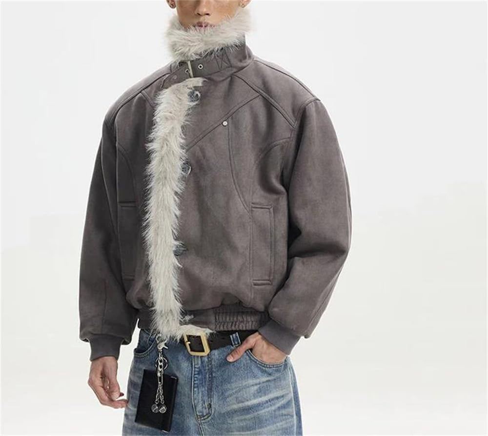 Men's Vintage Fleece Lined Suede Jacket Turn Down Collar Long Sleeves Cotton Padded Coat
