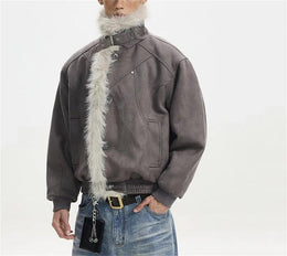Men's Vintage Fleece Lined Suede Jacket Turn Down Collar Long Sleeves Cotton Padded Coat