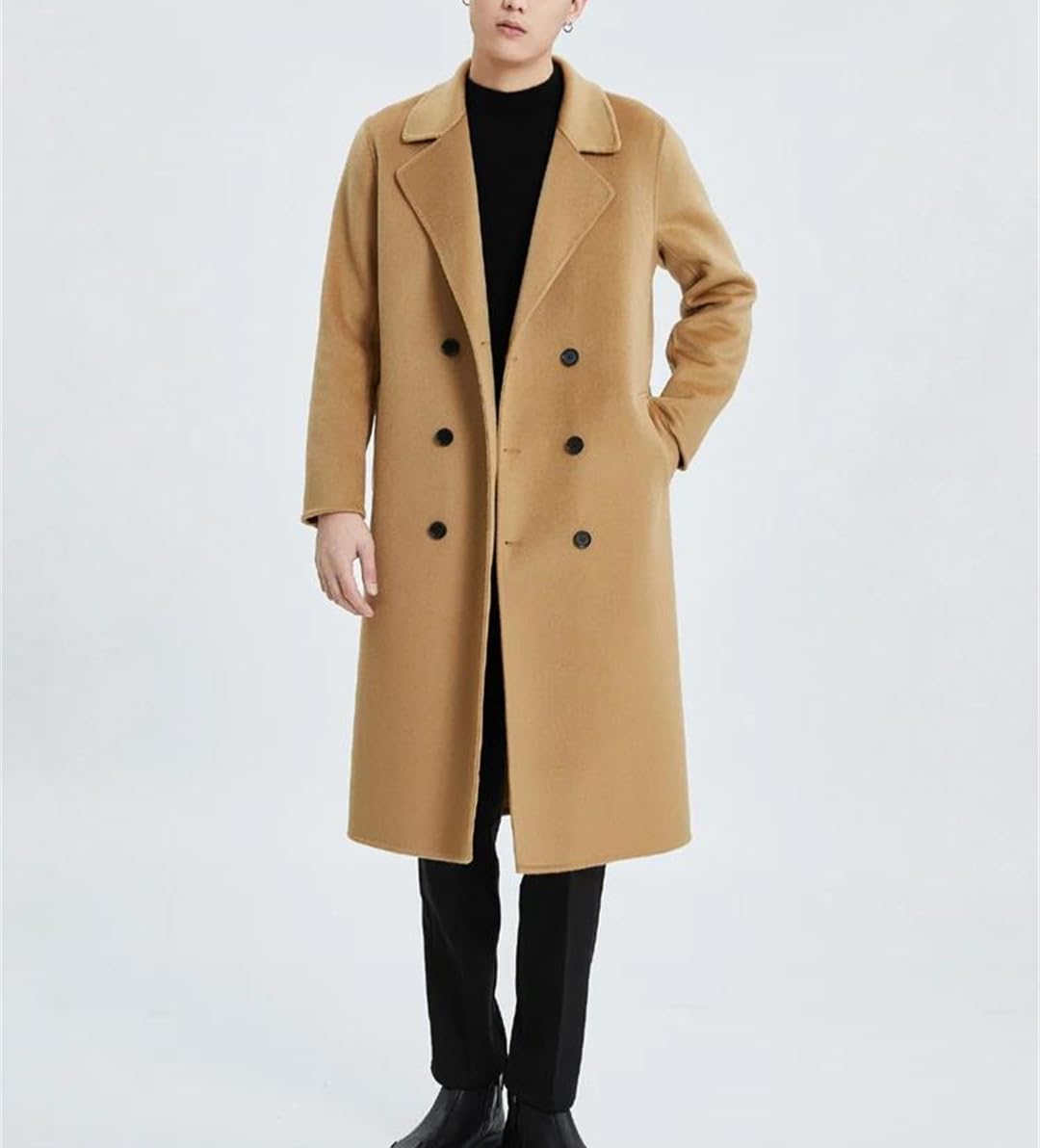Men's Double-Breasted Wool Trench Coat Slim Fit Overcoat