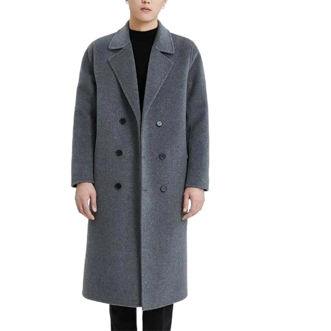 Men's Double-Breasted Wool Trench Coat Slim Fit Overcoat