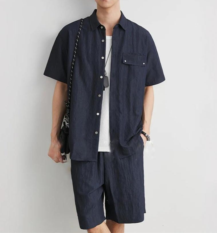 Men Short Sleeve Shirt Shorts Set Summer Loose Breathable Casual Two Piece Outfit