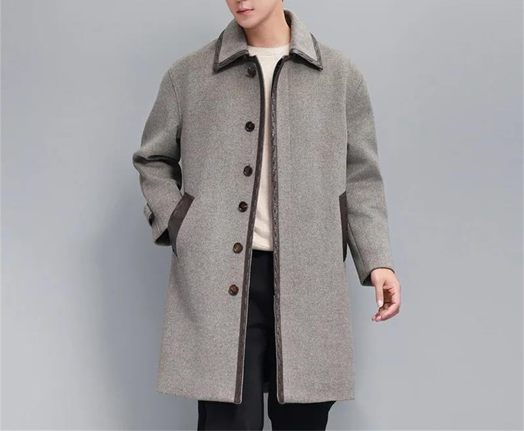 Men's Cashmere Sheepskin Trench Coat Slim Fit Overcoat
