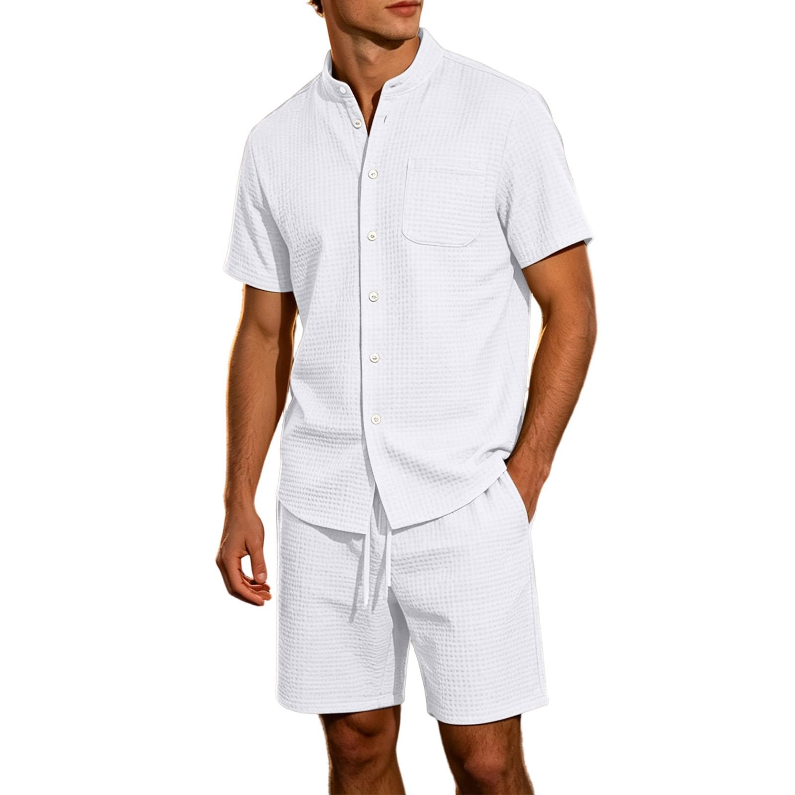 Men's Jacquard Stand Collar Shirt & Shorts 2-Piece Set