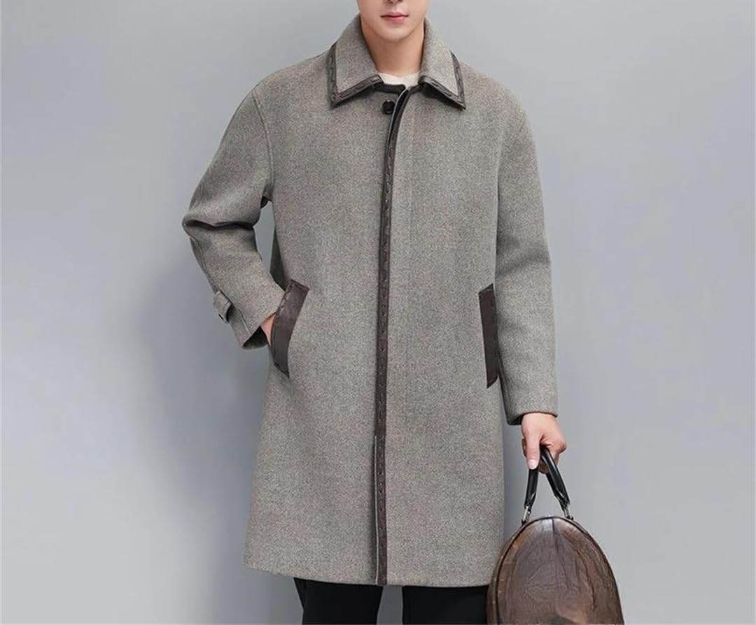 Men's Cashmere Sheepskin Trench Coat Slim Fit Overcoat