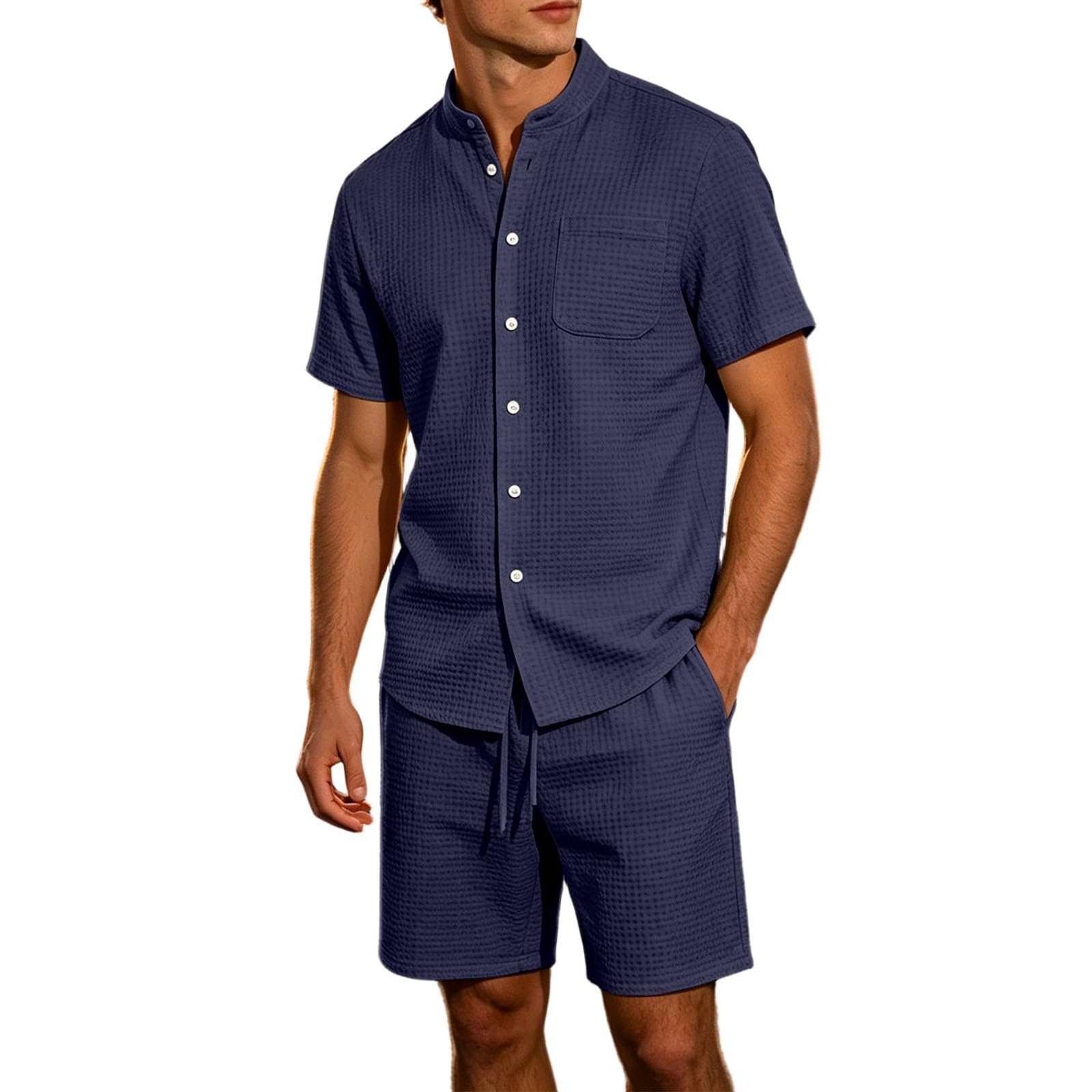 Men's Jacquard Stand Collar Shirt & Shorts 2-Piece Set