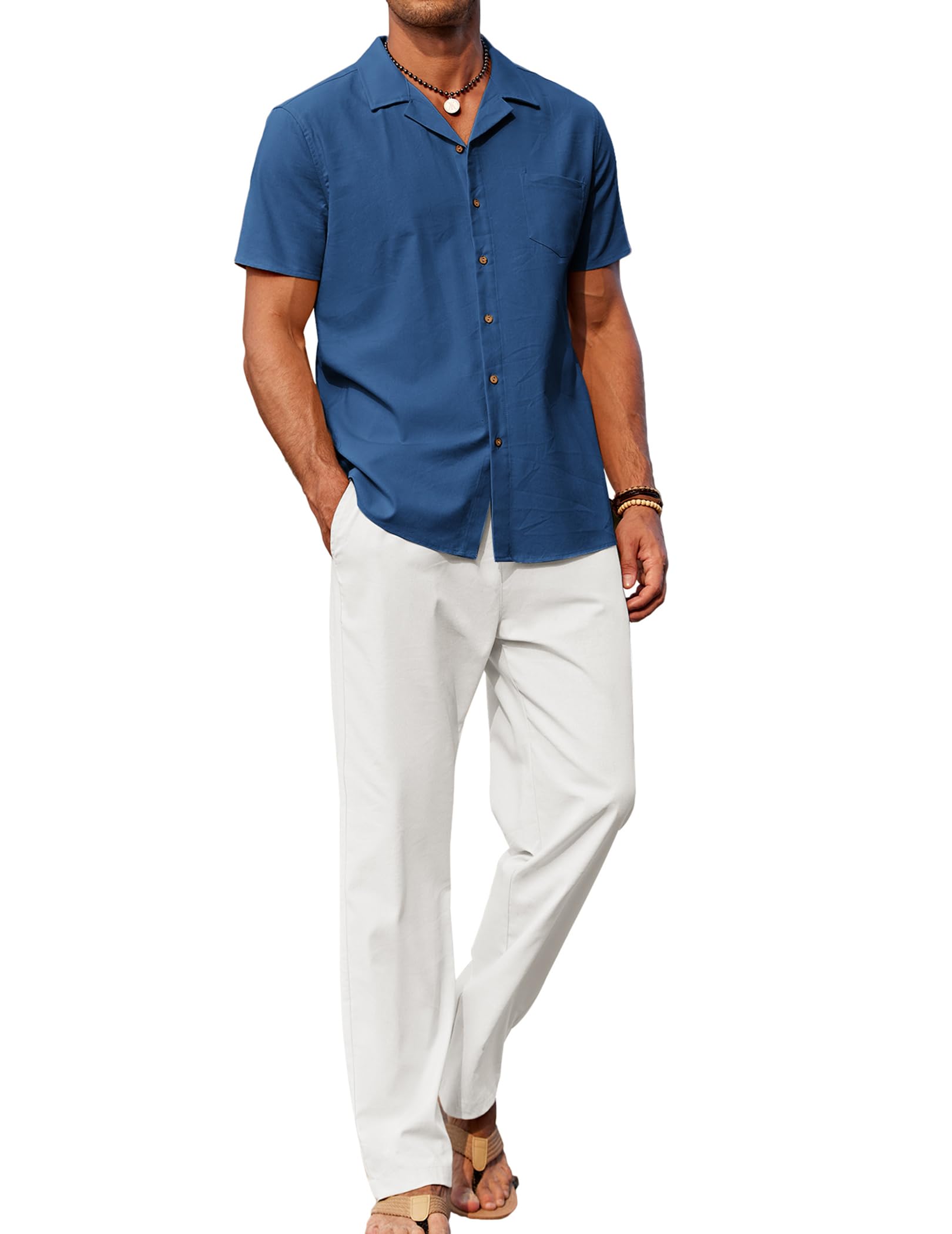 COOFANDY Men 2 Piece Linen Outfit Beach Button Down Shirt Casual Loose Pant Sets