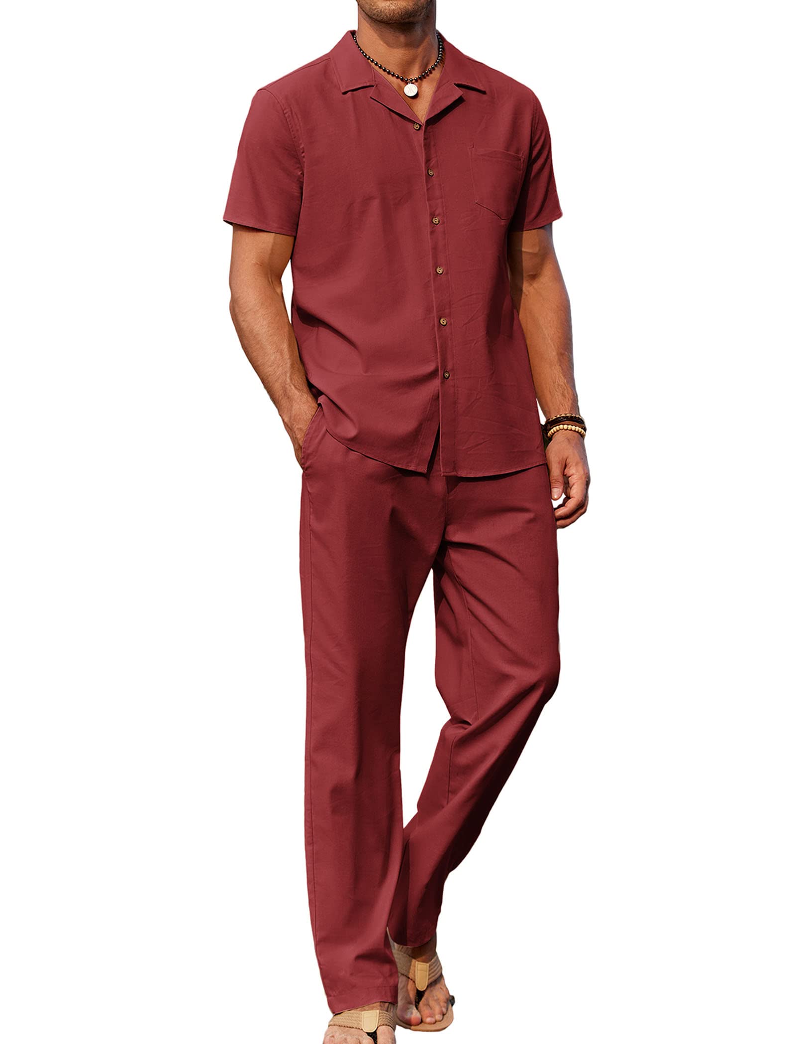 COOFANDY Men 2 Piece Linen Outfit Beach Button Down Shirt Casual Loose Pant Sets