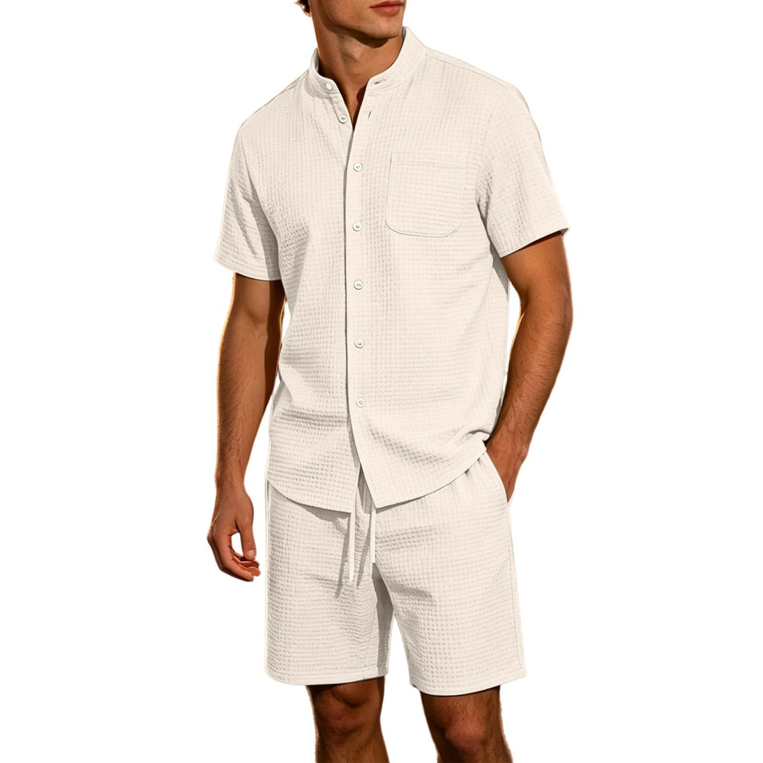 Men's Jacquard Stand Collar Shirt & Shorts 2-Piece Set