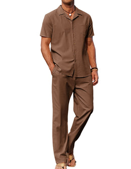 COOFANDY Men 2 Piece Linen Outfit Beach Button Down Shirt Casual Loose Pant Sets