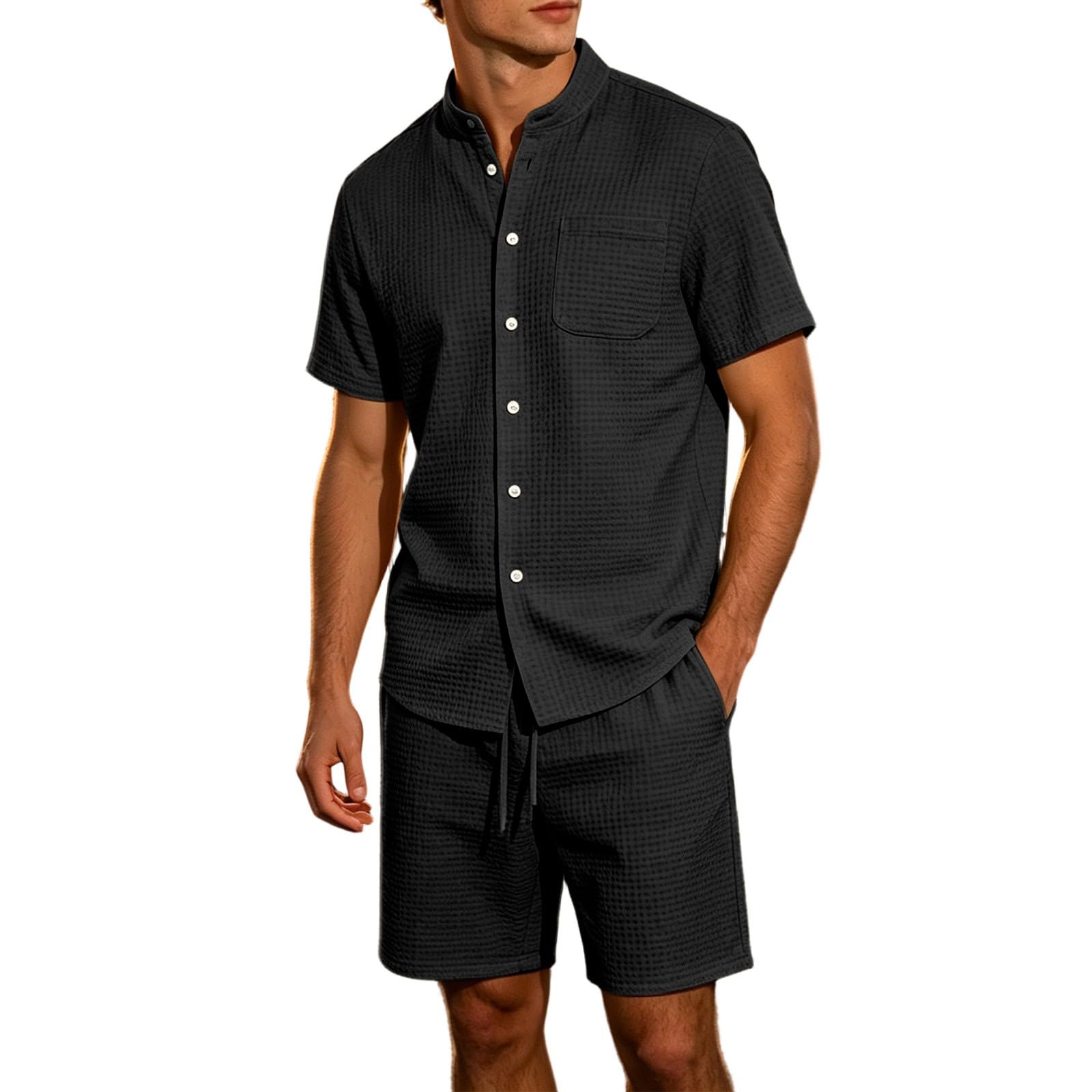 Men's Jacquard Stand Collar Shirt & Shorts 2-Piece Set
