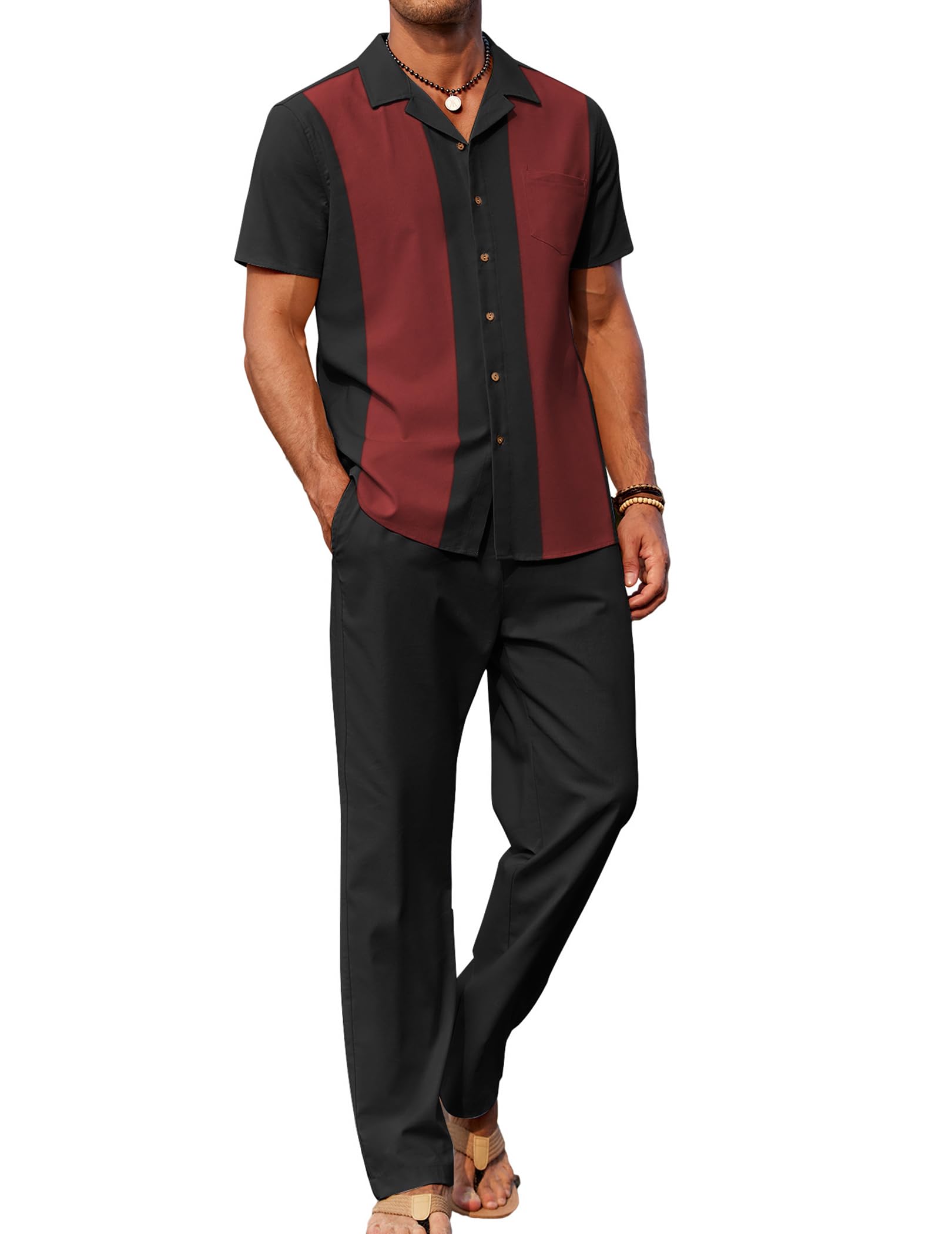 COOFANDY Men 2 Piece Linen Outfit Beach Button Down Shirt Casual Loose Pant Sets