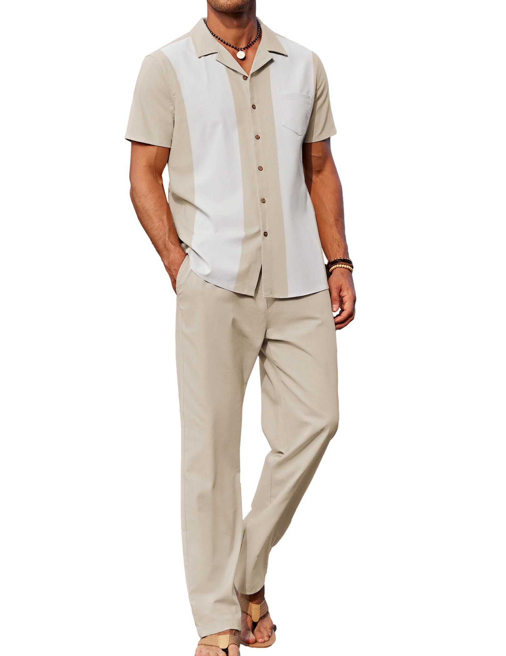 COOFANDY Men 2 Piece Linen Outfit Beach Button Down Shirt Casual Loose Pant Sets
