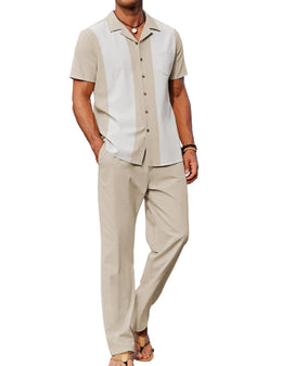COOFANDY Men 2 Piece Linen Outfit Beach Button Down Shirt Casual Loose Pant Sets