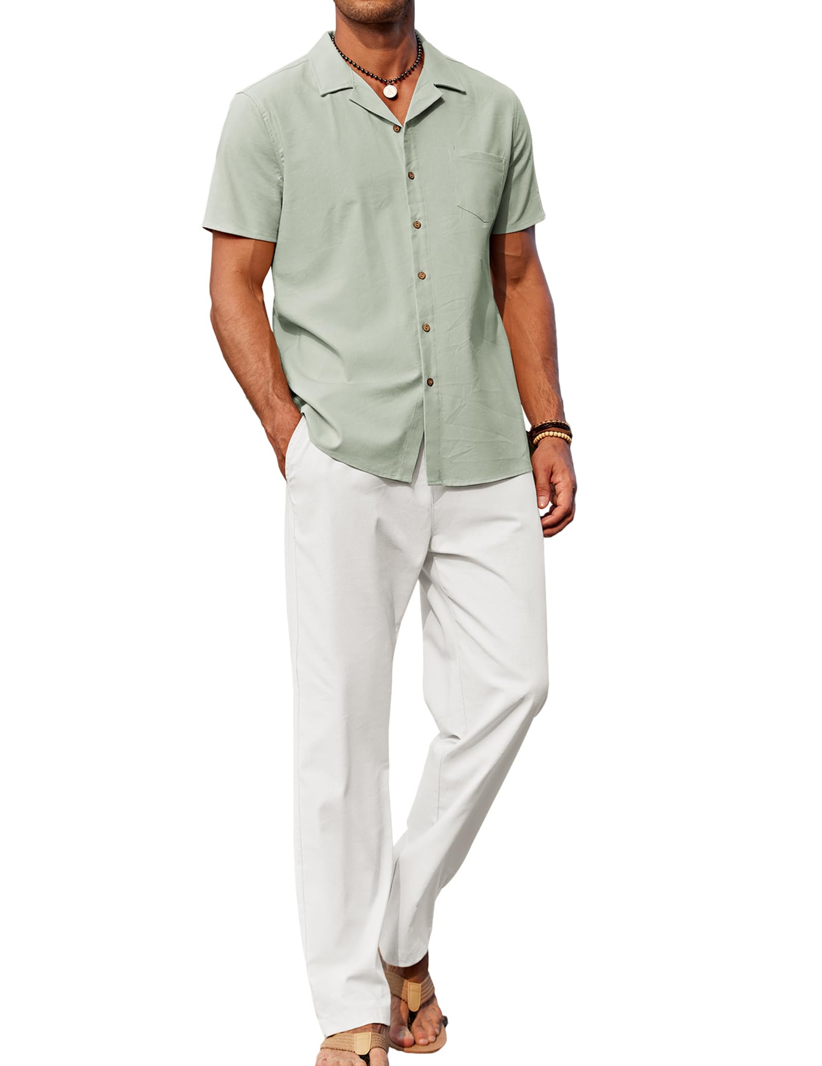 COOFANDY Men 2 Piece Linen Outfit Beach Button Down Shirt Casual Loose Pant Sets