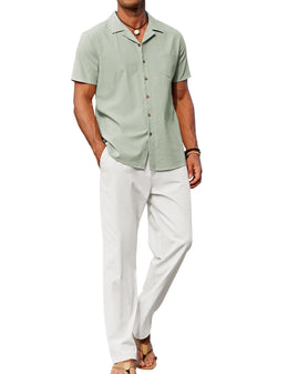 COOFANDY Men 2 Piece Linen Outfit Beach Button Down Shirt Casual Loose Pant Sets