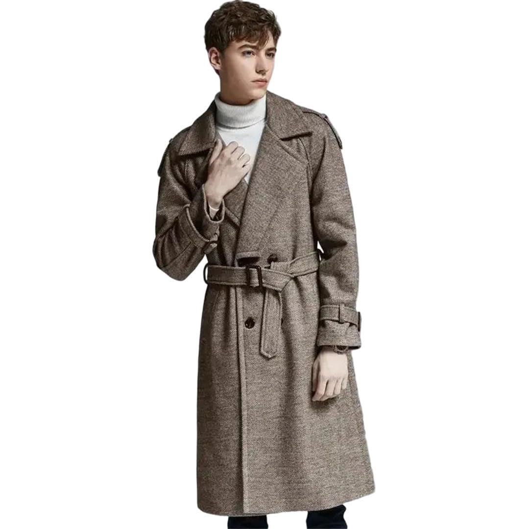 Men's Long Wool Trench Coat Winter Double Breasted Slim Fit Plus Size Overcoat