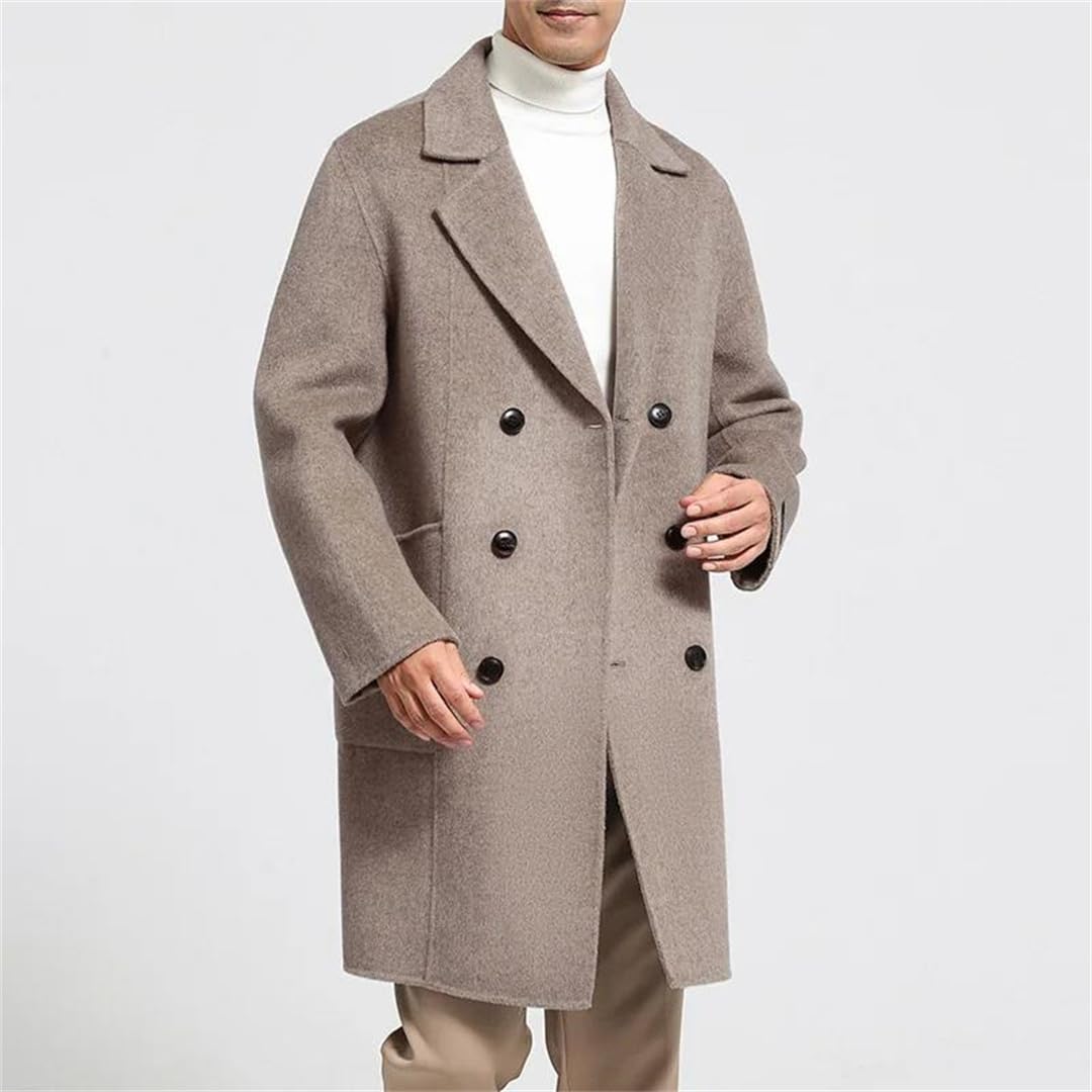 Men's Double-Breasted Wool Overcoat Notched Lapel Slim Fit Coat