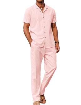 COOFANDY Men 2 Piece Linen Outfit Beach Button Down Shirt Casual Loose Pant Sets