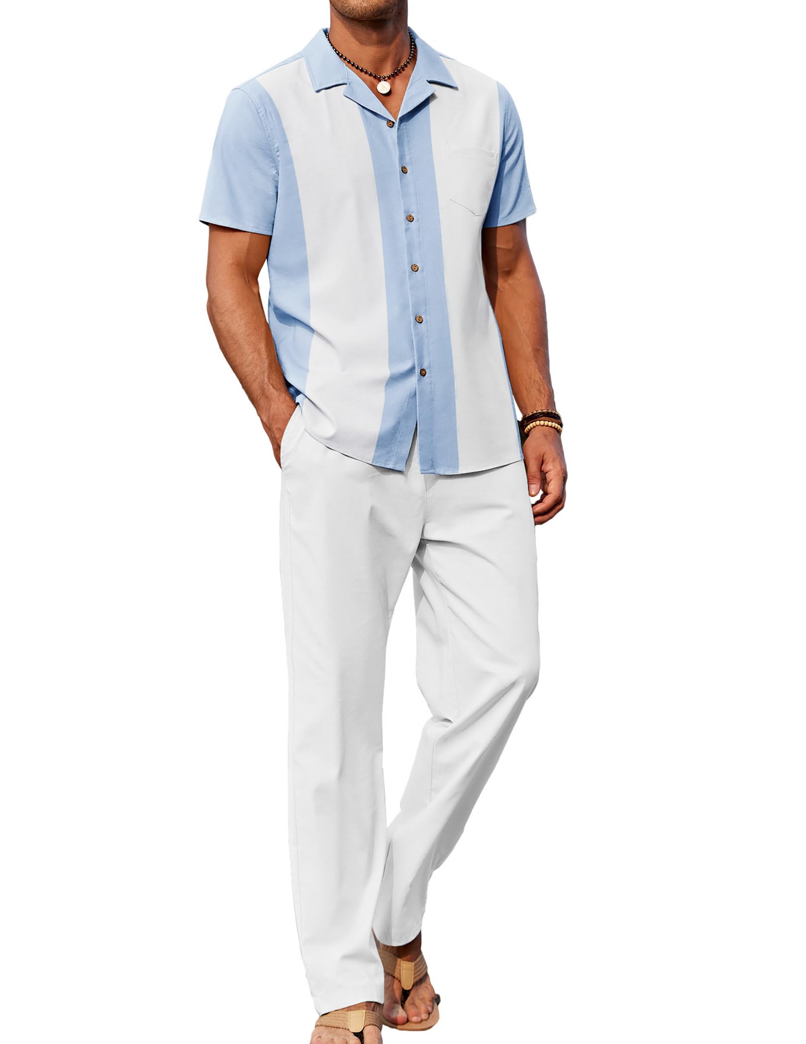 COOFANDY Men 2 Piece Linen Outfit Beach Button Down Shirt Casual Loose Pant Sets