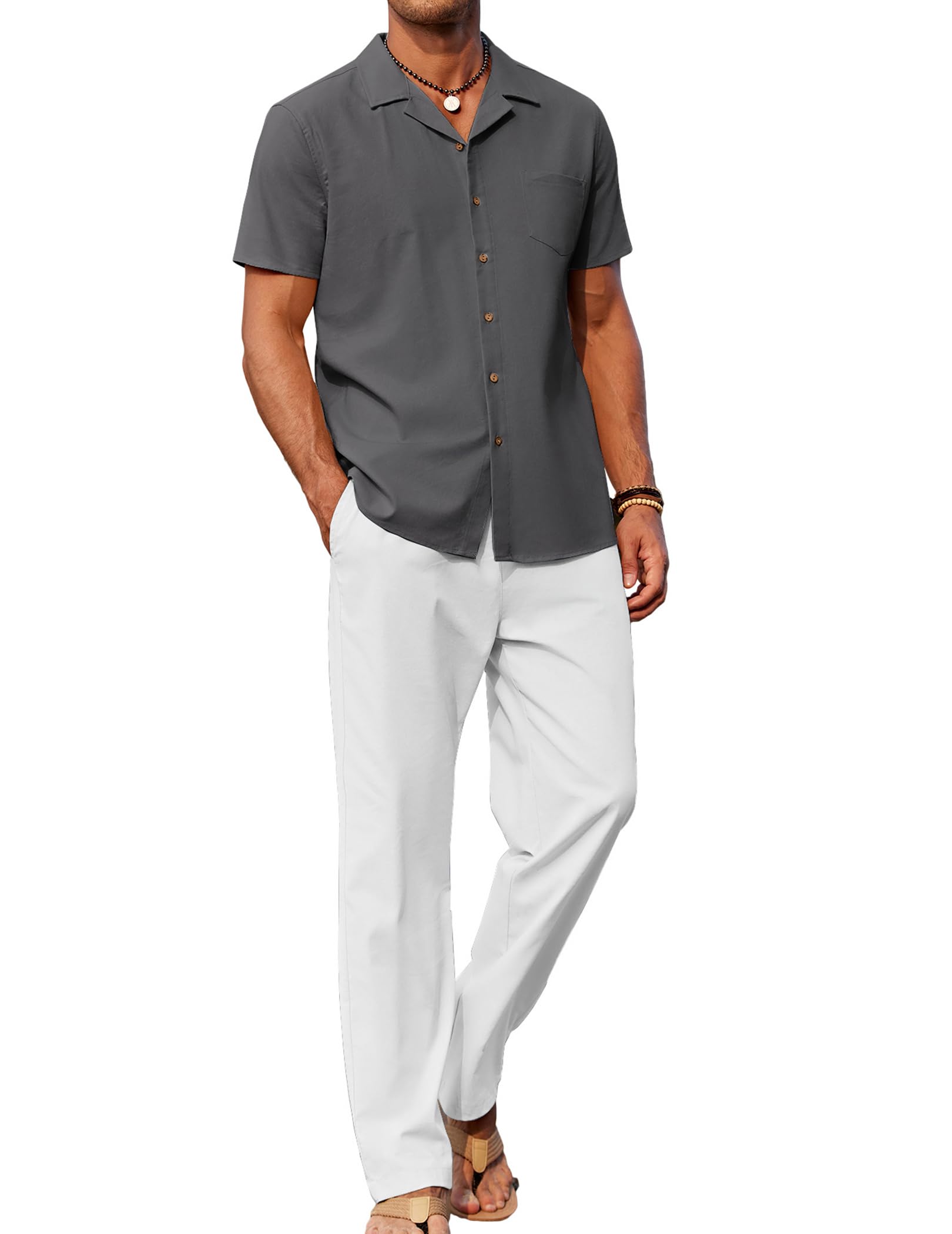 COOFANDY Men 2 Piece Linen Outfit Beach Button Down Shirt Casual Loose Pant Sets