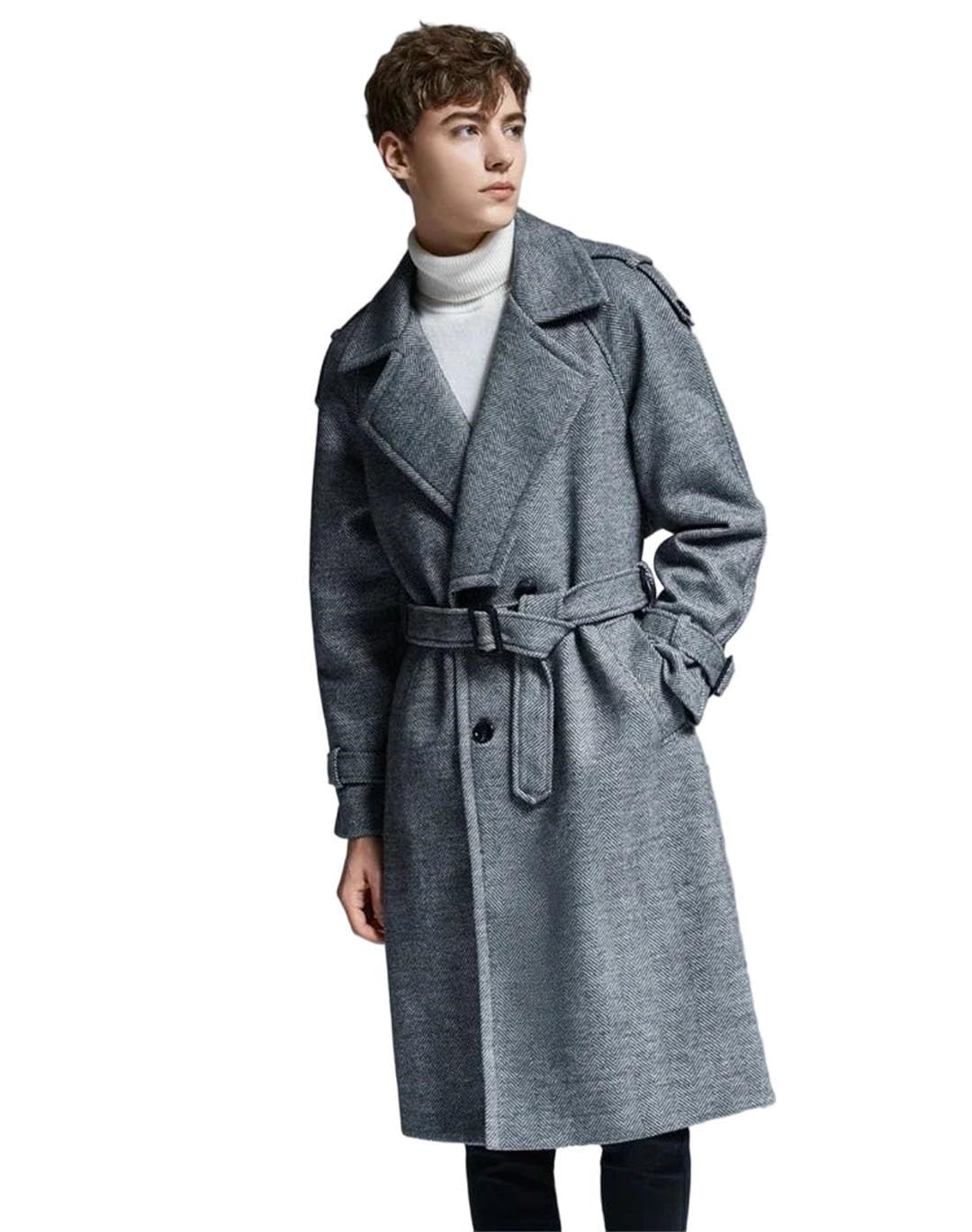 Men's Long Wool Trench Coat Winter Double Breasted Slim Fit Plus Size Overcoat