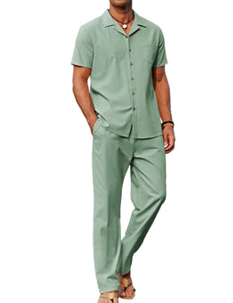 COOFANDY Men 2 Piece Linen Outfit Beach Button Down Shirt Casual Loose Pant Sets