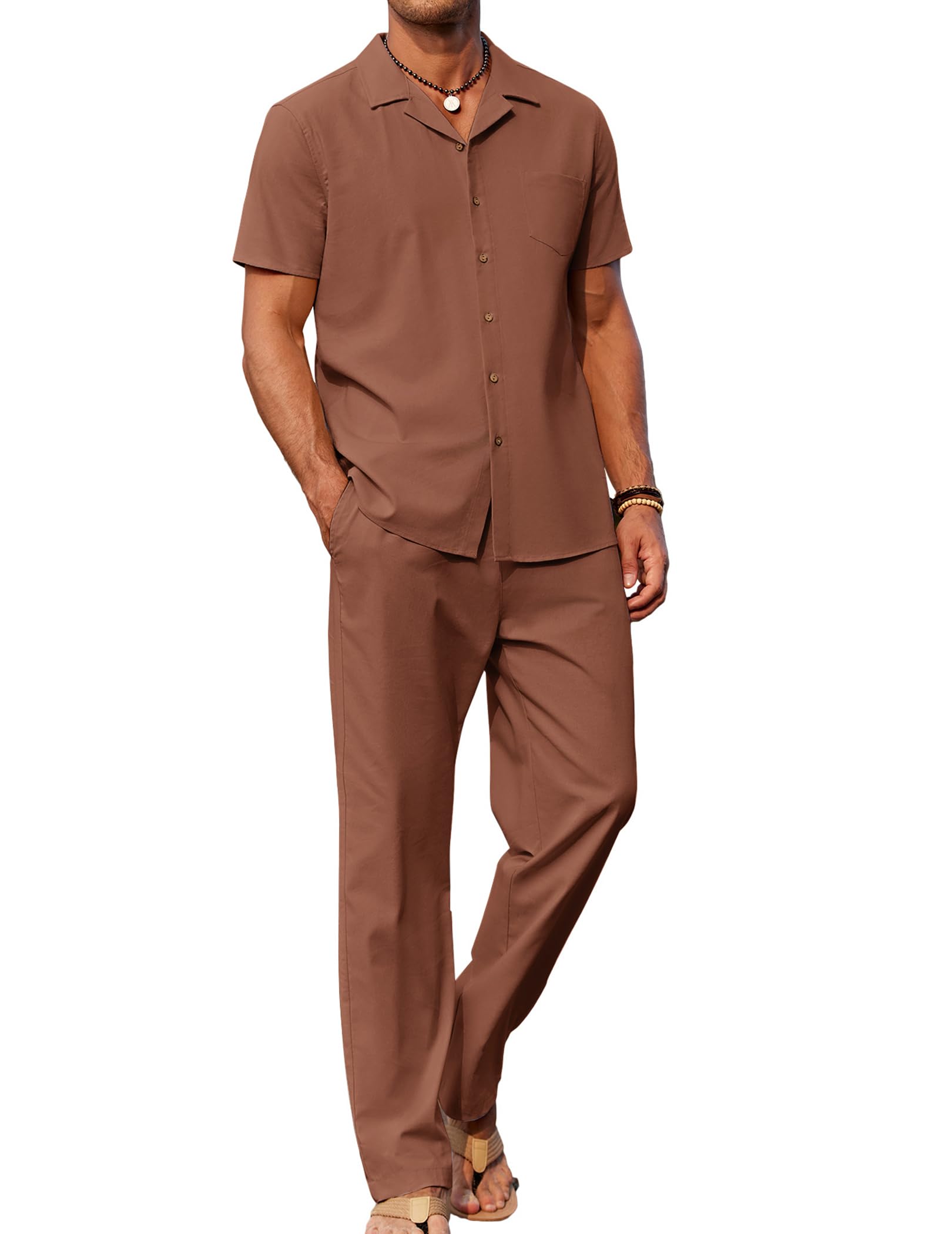 COOFANDY Men 2 Piece Linen Outfit Beach Button Down Shirt Casual Loose Pant Sets