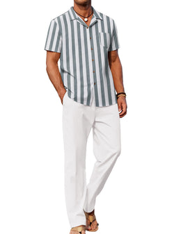 COOFANDY Men 2 Piece Linen Outfit Beach Button Down Shirt Casual Loose Pant Sets