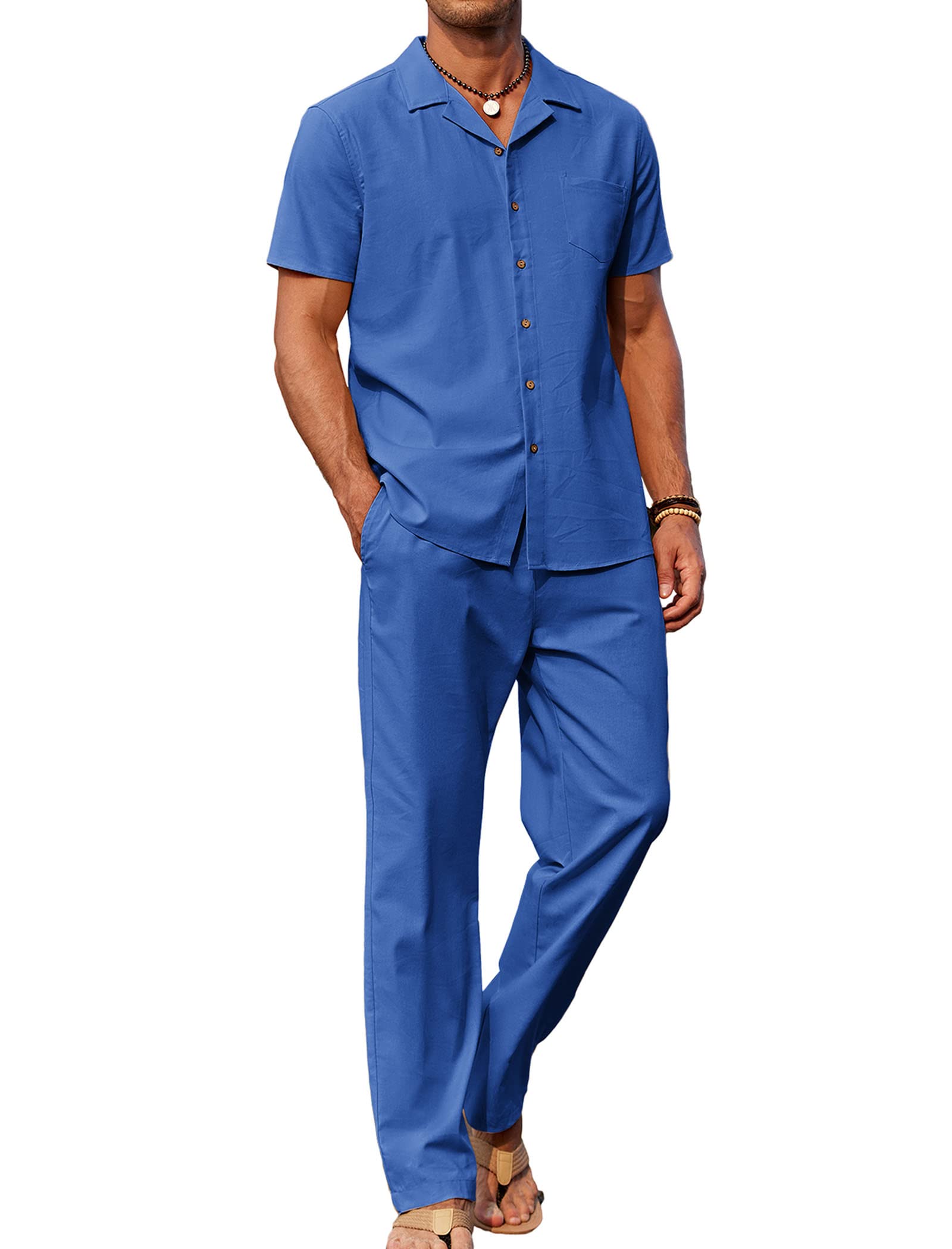 COOFANDY Men 2 Piece Linen Outfit Beach Button Down Shirt Casual Loose Pant Sets