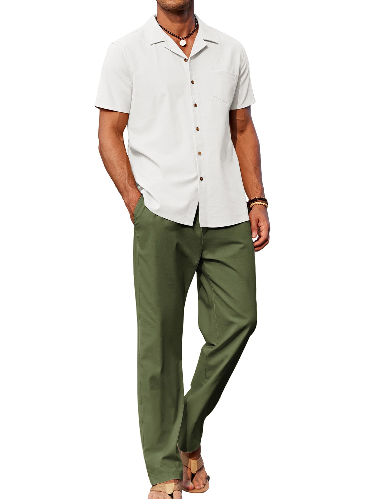 COOFANDY Men 2 Piece Linen Outfit Beach Button Down Shirt Casual Loose Pant Sets