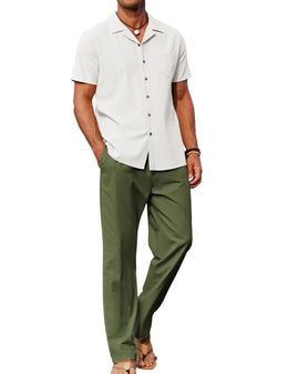 COOFANDY Men 2 Piece Linen Outfit Beach Button Down Shirt Casual Loose Pant Sets