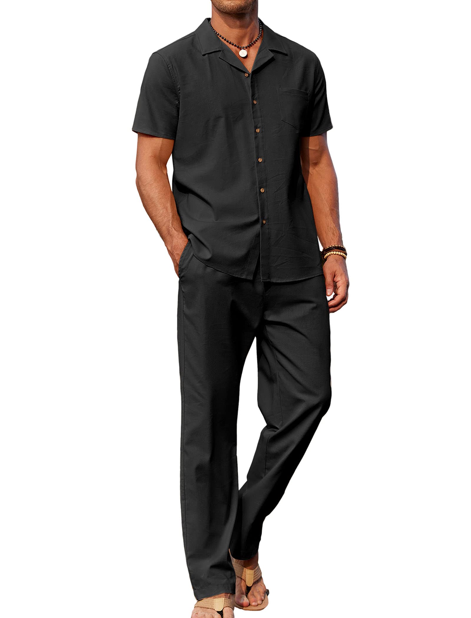 COOFANDY Men 2 Piece Linen Outfit Beach Button Down Shirt Casual Loose Pant Sets