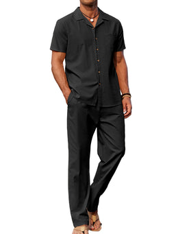 COOFANDY Men 2 Piece Linen Outfit Beach Button Down Shirt Casual Loose Pant Sets