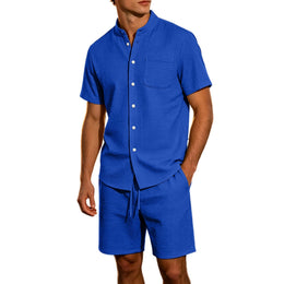 Men's Jacquard Stand Collar Shirt & Shorts 2-Piece Set